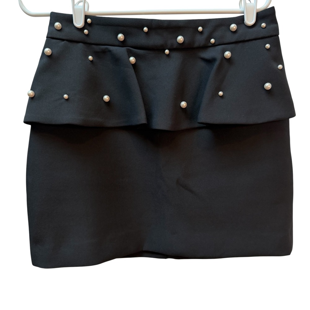 Zara‎ Basic Black Peplum Mini Skirt Pearl Embellished Womens Medium M Zip Back